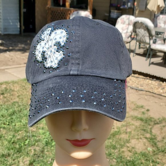 Ladies Black Fleur De Lis BLING Hat NEW - Picture 2 of 4